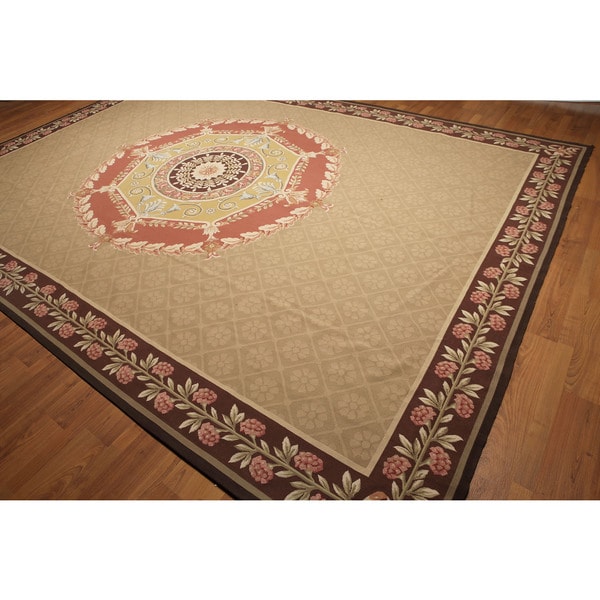 Hand Woven Traditional Victorian Needlepoint Aubusson Area Rug - Tan/Light Gold - 9'10" x 13'8"