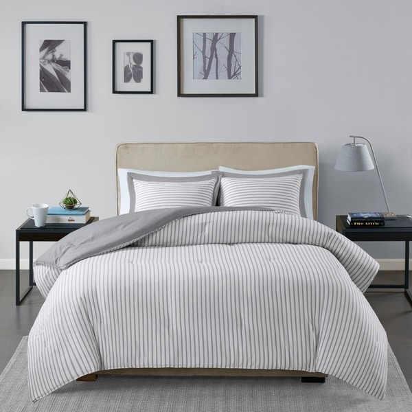 Madison Park Essentials Braydon Grey Reversible Stripe Down Alternative Comforter 3-Piece Set