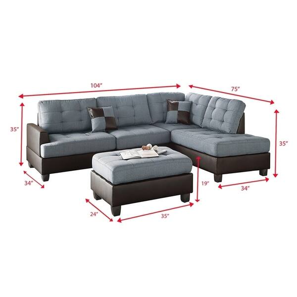 Bobkona 3 Pcs Reversible Sectional Sofa W Coctail Ottoman Bobkona 3 Pcs Reversible Sectional
