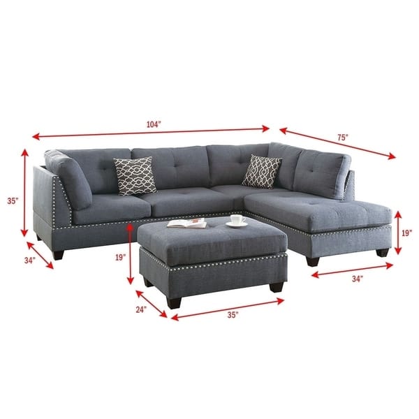 Bobkona Chaise Pine Wood 3 Pcs Reversible Sectional