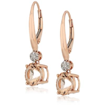 10k Rose Gold Morganite, Diamond Accented Lever Dangle Earrings - Peach