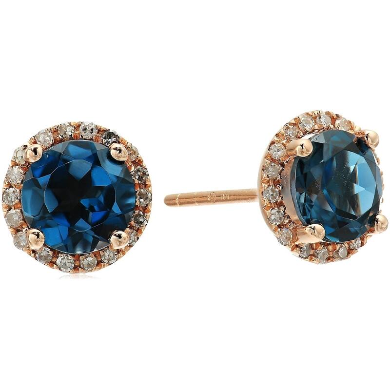10k Rose Gold London Blue Topaz, Diamond Classic Halo Stud Earrings