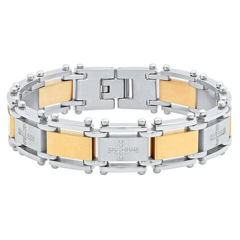 Men's Stainless Steel Gold-Tone Cubic Zirconia Cross Link Bracelet, 8.5"
