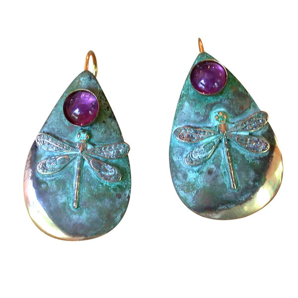Handmade Patina Dragonfly Teardrop Earrings - Amethyst (USA). Opens flyout.