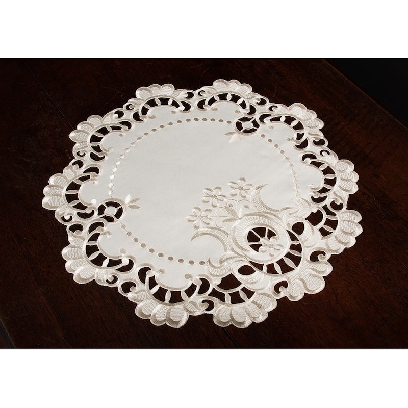 Scalloped Lace Embroidered Cutwork Round Placemats, 15-Inch Round, Set of 4, Beige