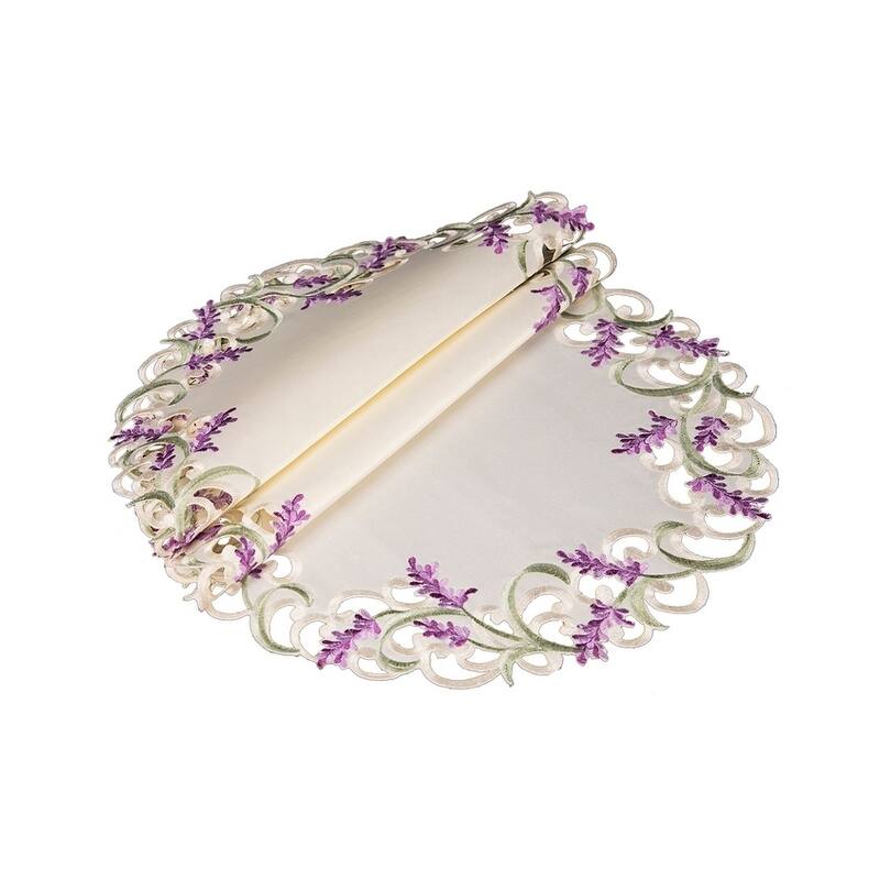Lavender Lace Embroidered Cutwork Round Placemats, 15-Inch Round, Set of 4, Ivory
