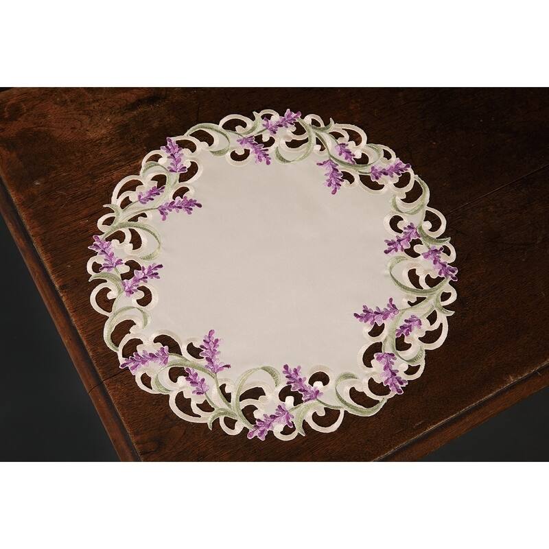 Lavender Lace Embroidered Cutwork Round Placemats, 15-Inch Round, Set of 4, Ivory