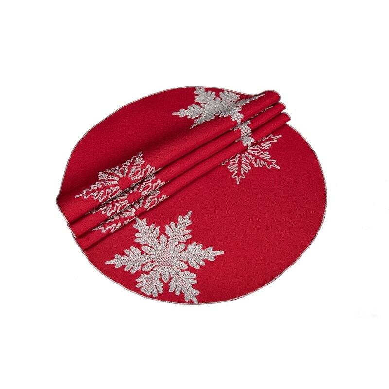 Glisten Snowflake Embroidered Christmas Round Placemats, 16-Inch Round, Set of 4, Red