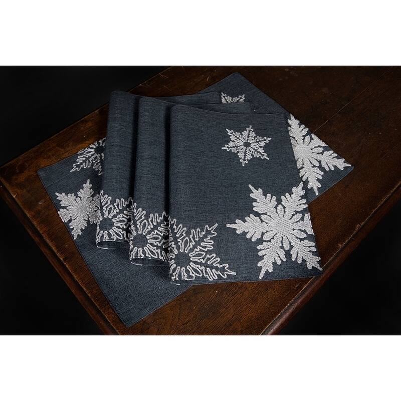 Glisten Snowflake Embroidered Christmas Placemats, 14 by 20-Inch, Set of 4, Grey