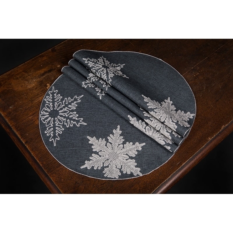Glisten Snowflake Embroidered Christmas Round Placemats, 16-Inch Round, Set of 4, Grey