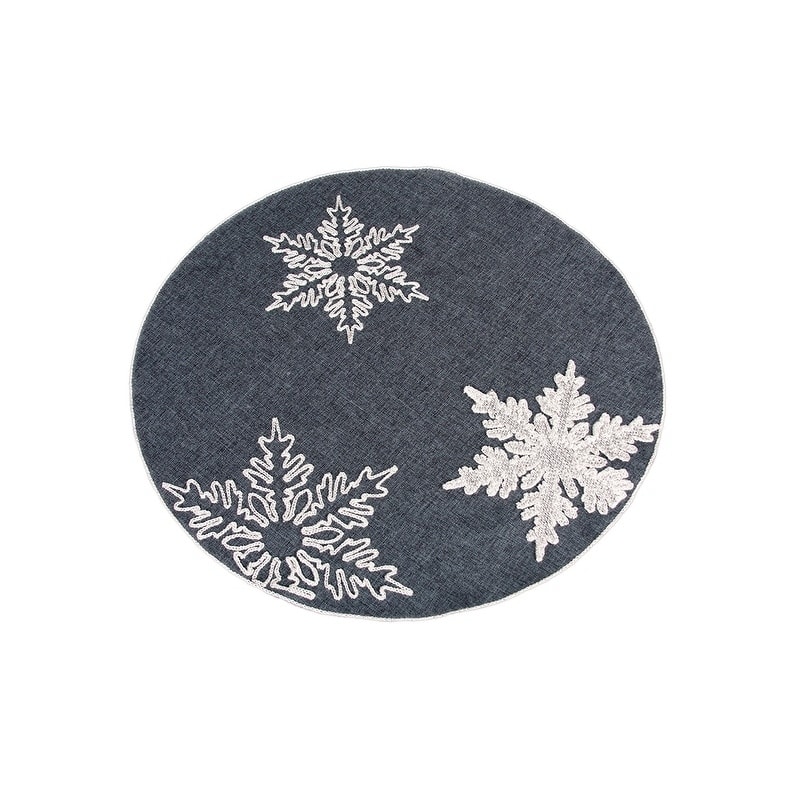 Glisten Snowflake Embroidered Christmas Round Placemats, 16-Inch Round, Set of 4, Grey