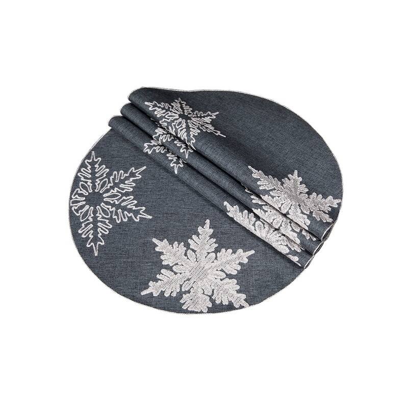 Glisten Snowflake Embroidered Christmas Round Placemats, 16-Inch Round, Set of 4, Grey