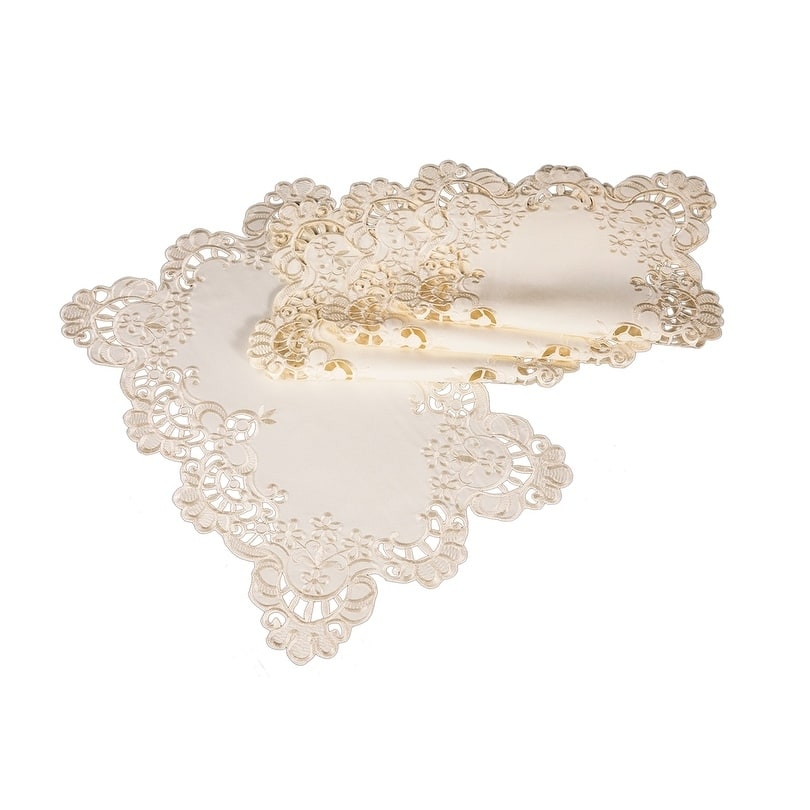 Scalloped Lace Embroidered Cutwork Placemats, 13 by 19-Inch, Set of 4, Beige