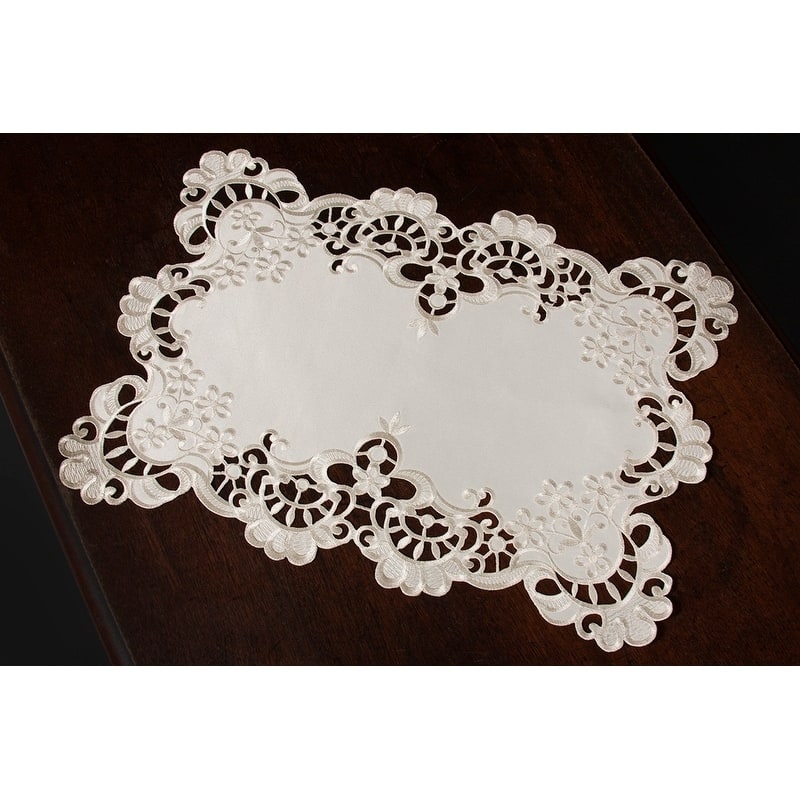 Scalloped Lace Embroidered Cutwork Placemats, 13 by 19-Inch, Set of 4, Beige