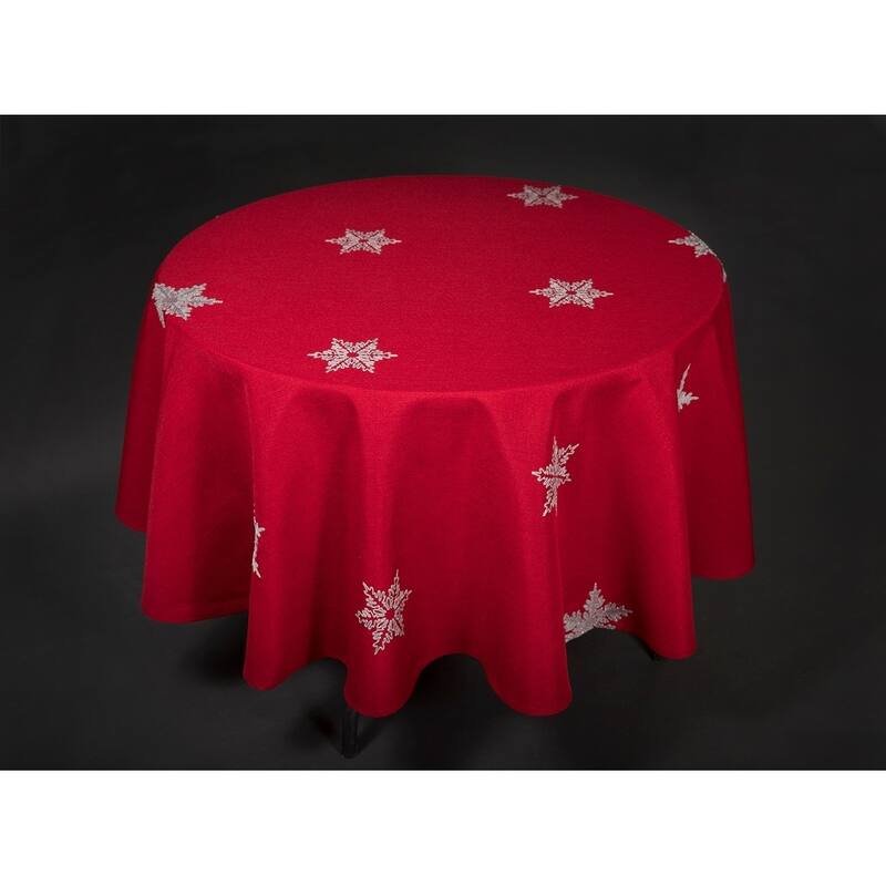 Glisten Snowflake Embroidered Christmas Round Tablecloth, 70-Inch, Red