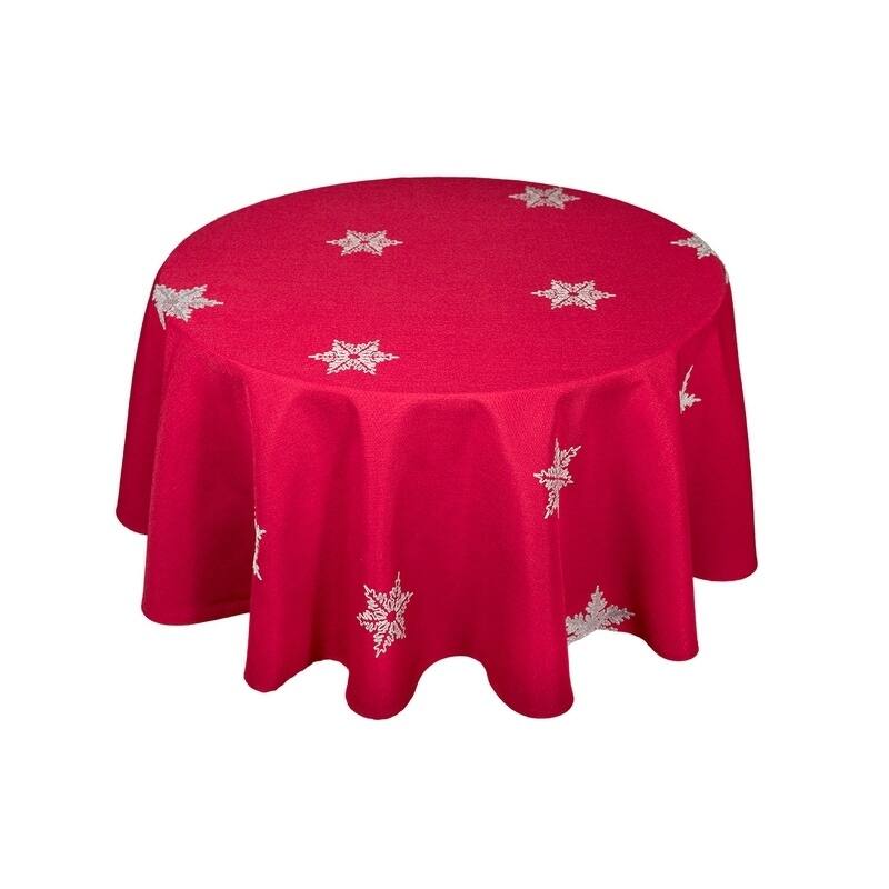 Glisten Snowflake Embroidered Christmas Round Tablecloth, 70-Inch, Red