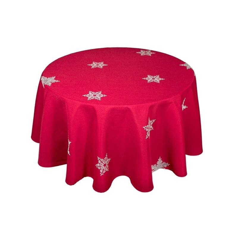 Glisten Snowflake Embroidered Christmas Round Tablecloth, 70-Inch, Red
