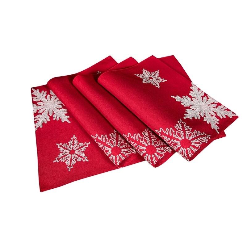 Glisten Snowflake Embroidered Christmas Placemats, 14 by 20-Inch, Set of 4, Red