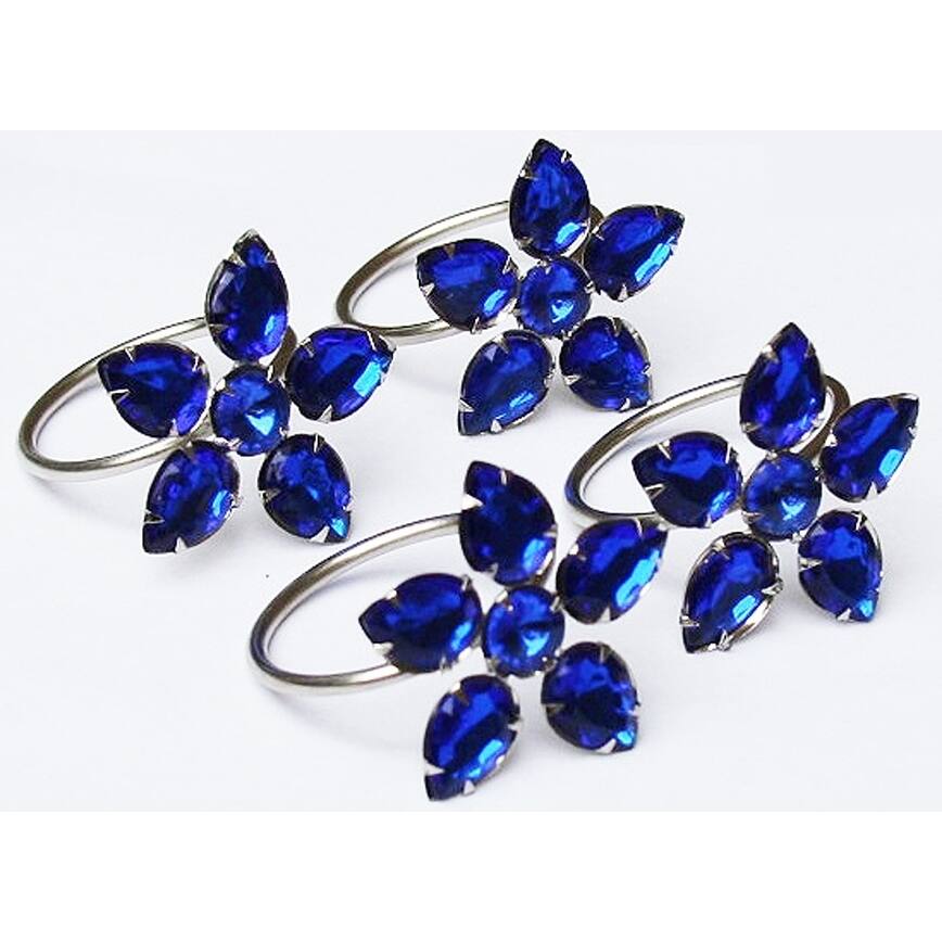 Crystal Flower Metal Napkin Rings,Set of 4,Blue