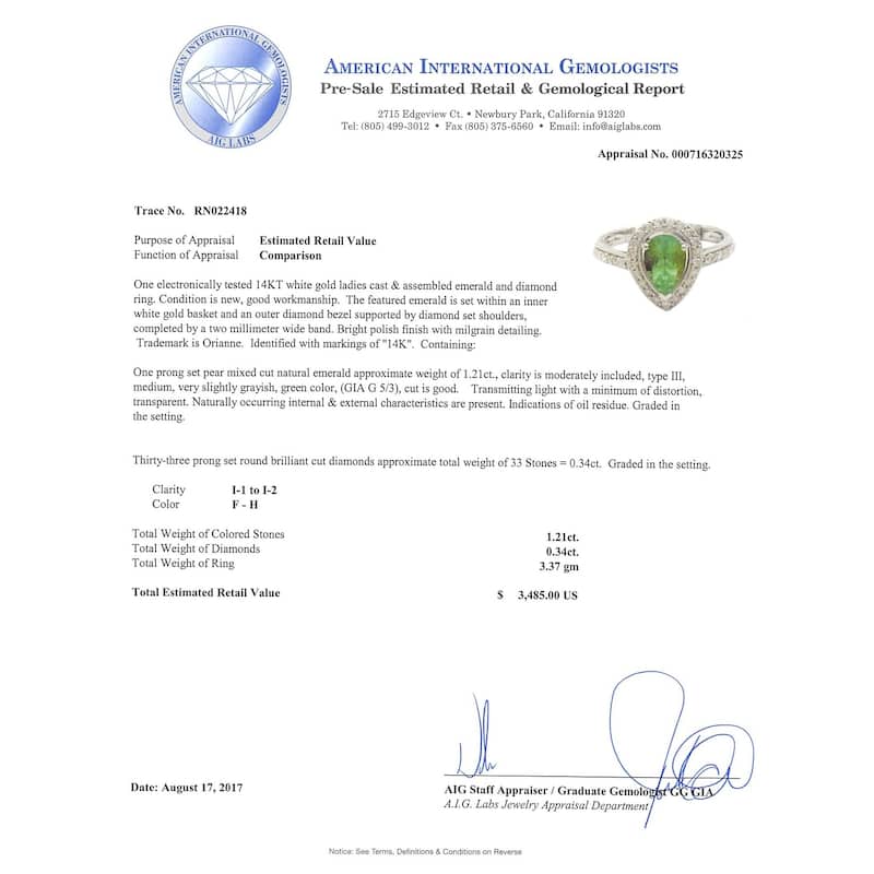 Auriya 14k White Gold 1 1/5ct Emerald and 1/3ct TDW Diamond Ring