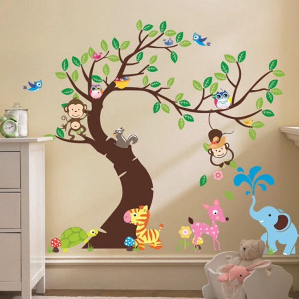 Monkey Owl Tree Height Chart Measurment Kids Room Wall Decals Vinyl Stickers DIY 