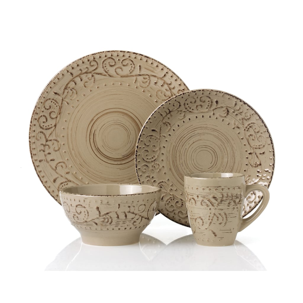 16 Piece Round Stoneware Dinnerware Set Distressed -Mocca