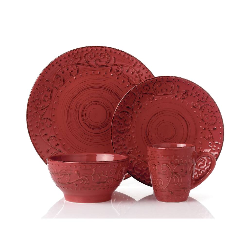 16 Piece Round Stoneware Dinnerware Set Distressed-Red-Crimson