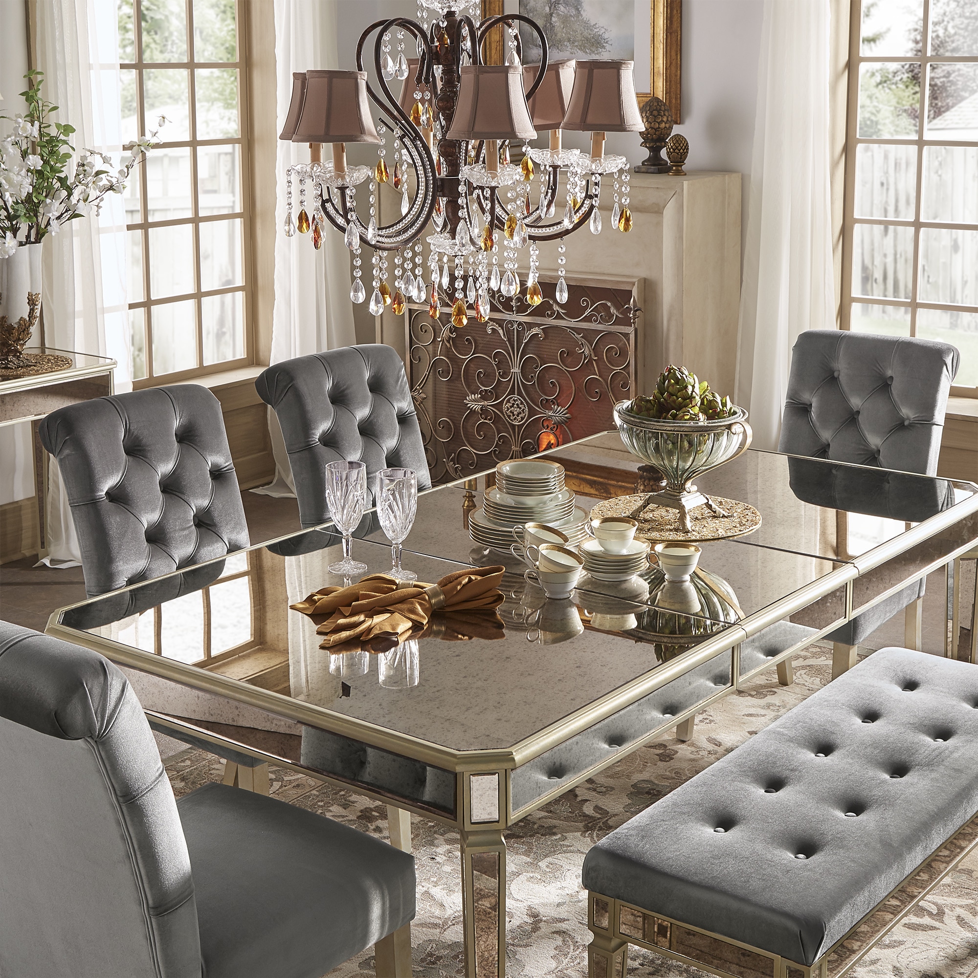 Buy Kitchen Dining Room Sets Online At Overstock Our Best Dining   Clara Silver Velvet And Antique Gold Mirrored Dining Set By INSPIRE Q Bold 2250960c Cd17 40bc B0f8 F86ce7442955 