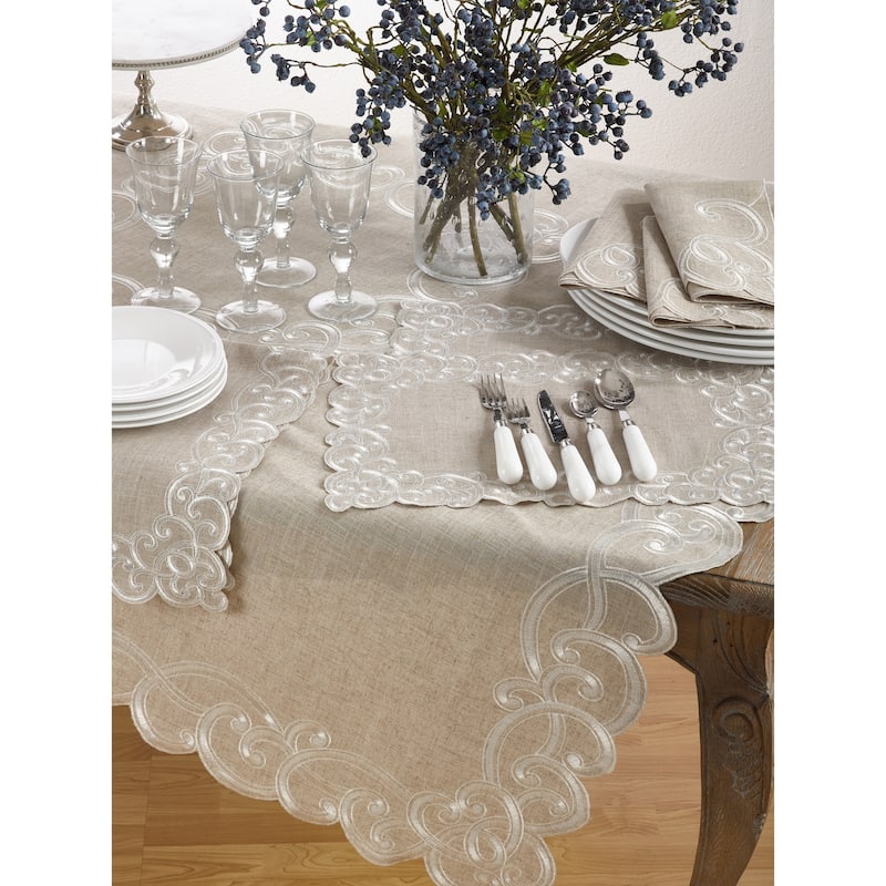 Embroidered Scallop Design Natural Linen Blend Tablecloth
