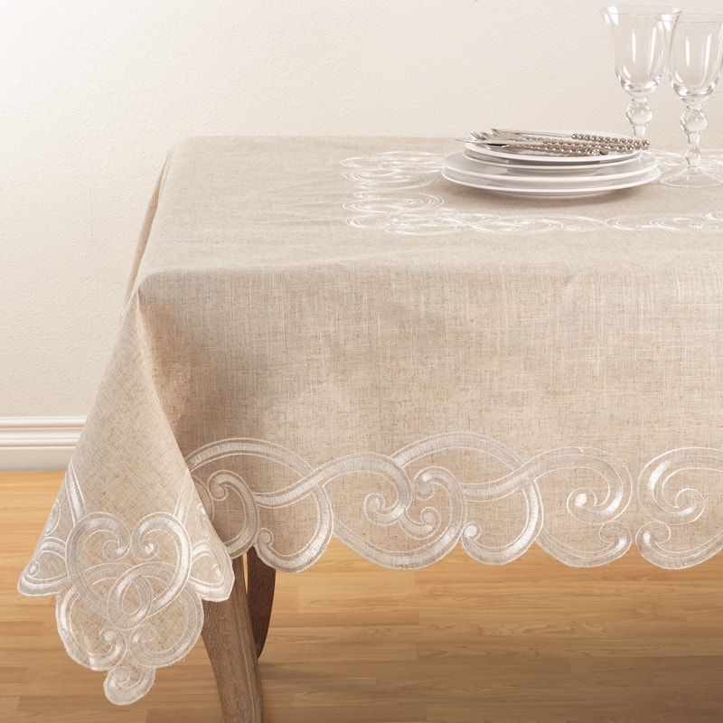 Embroidered Scallop Design Natural Linen Blend Tablecloth