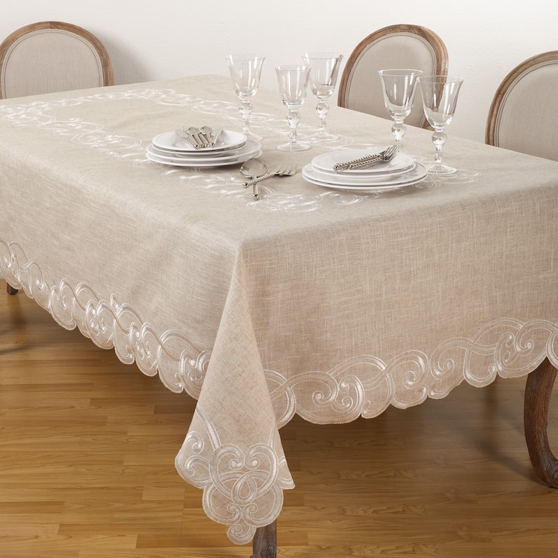 Embroidered Scallop Design Natural Linen Blend Tablecloth - All Seasons - 67" x 104" - Tablecloths - Rectangle