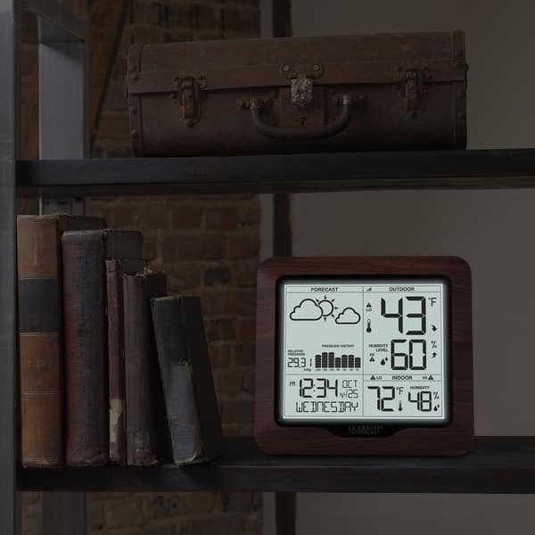 slide 3 of 10, La Crosse Technology 308-1417BL Backlight Forecast Station w/ Pressure Brown
