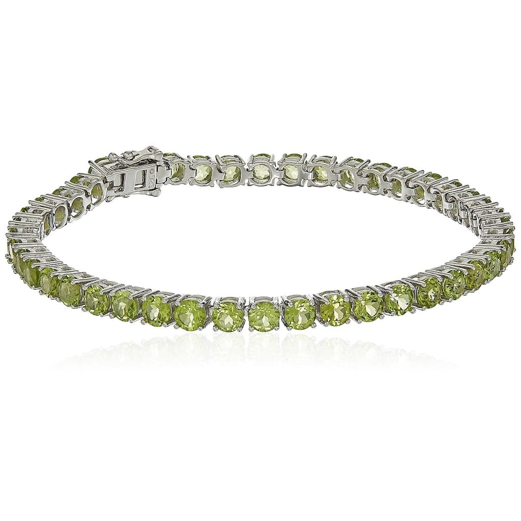 Sterling Silver Peridot Round Tennis Bracelet, 7.25" - Green