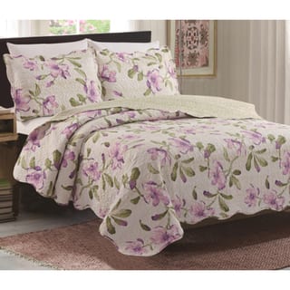 Juliet Lavender Off White Floral 3 Piece Reversible Queen Size Quilt Set Multi