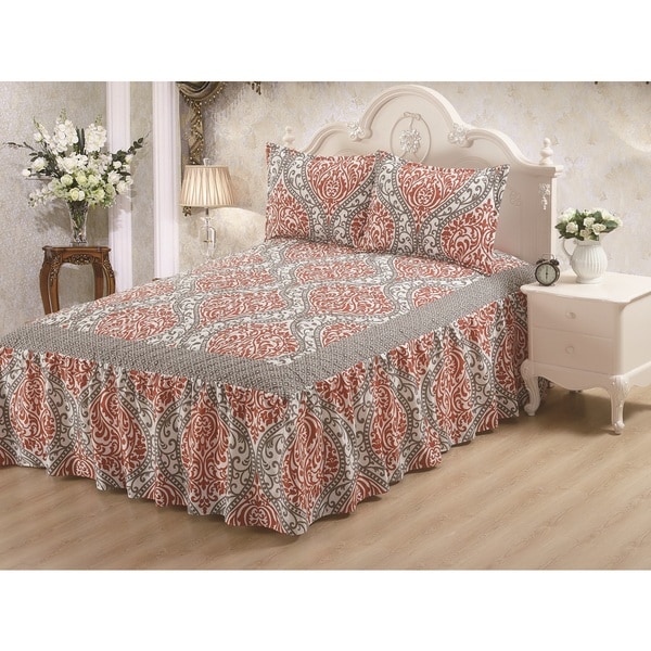 Shop Hailey Grey Rust Damask 3-Piece Queen Size Bedspread Set - Multi