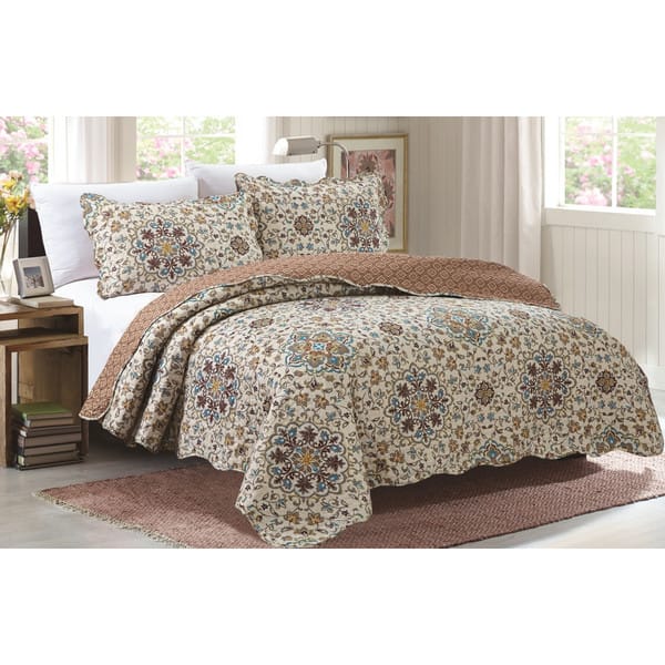 Grace Beige Queen 3 Piece Quilt Set Overstock 18003940