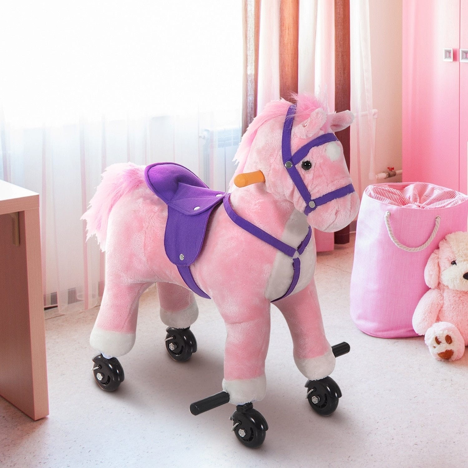 Qaba Kids Interactive Plush Mechanical Walking Ride On Horse Toy with Wheels Pink As Is Item Bed Bath Beyond 30678088