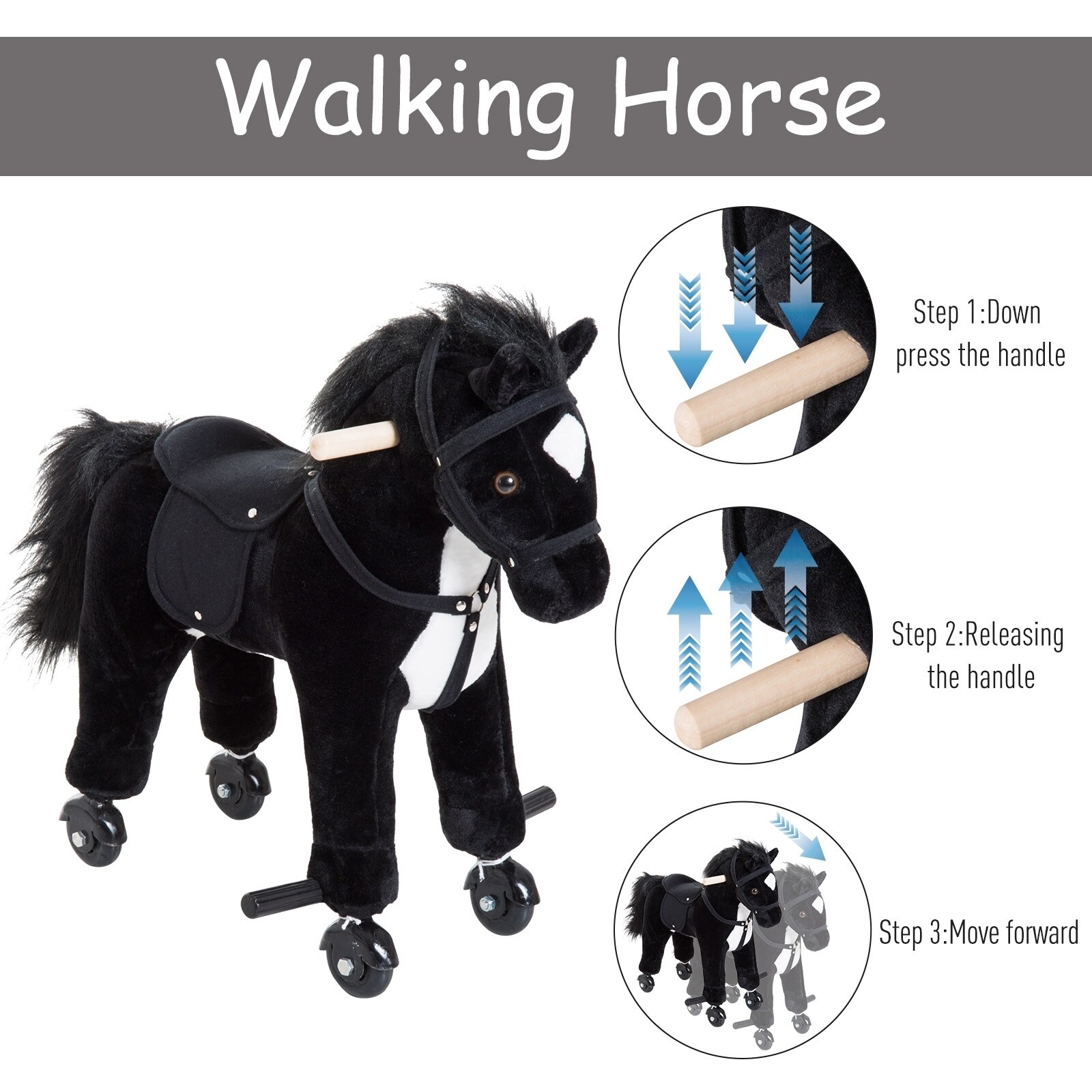 qaba kids plush wheeled ride on walking horse