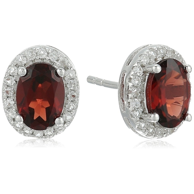 Pinctore Sterling Silver Oval Garnet, White Topaz Halo Stud Earrings - Red