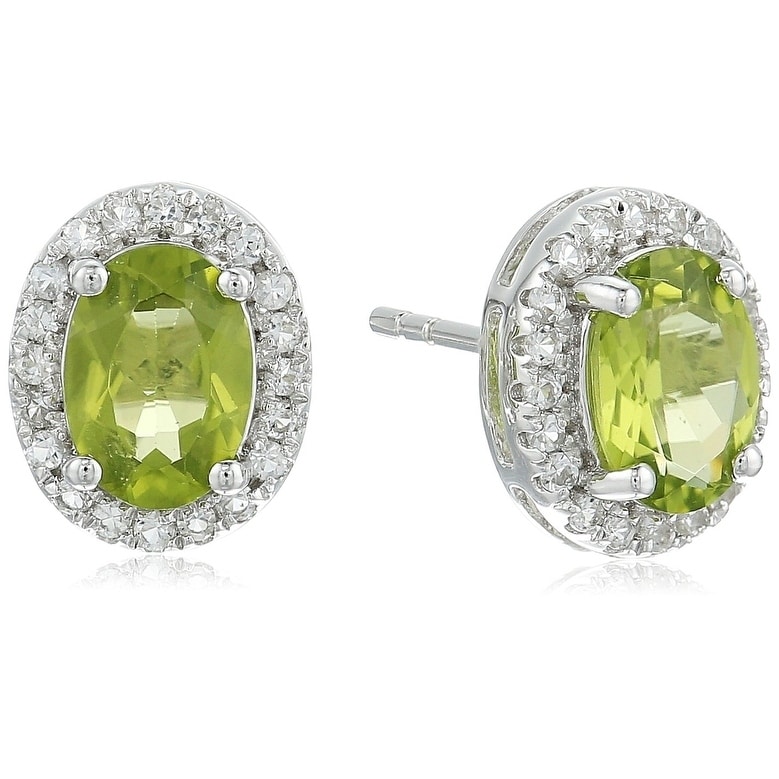 Pinctore Sterling Silver Oval Peridot, White Topaz Halo Stud Earrings - Green