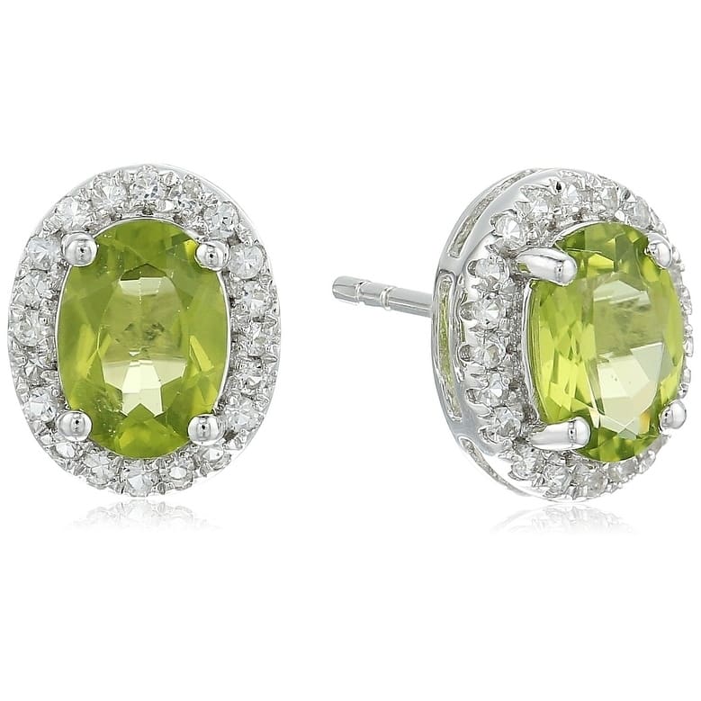 Sterling Silver Oval Peridot, White Topaz Halo Stud Earrings - Green