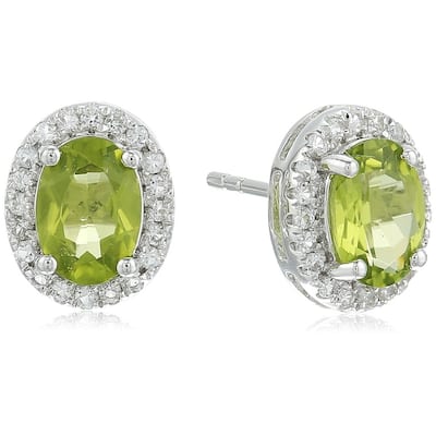 Sterling Silver Oval Peridot, White Topaz Halo Stud Earrings - Green