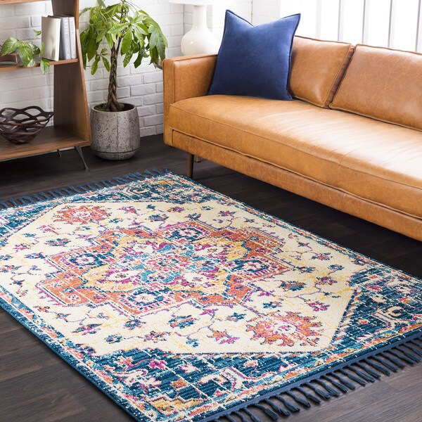 Boho Cream/Navy Medallion Tassel Area Rug - 2'7" x 7'3" Runner