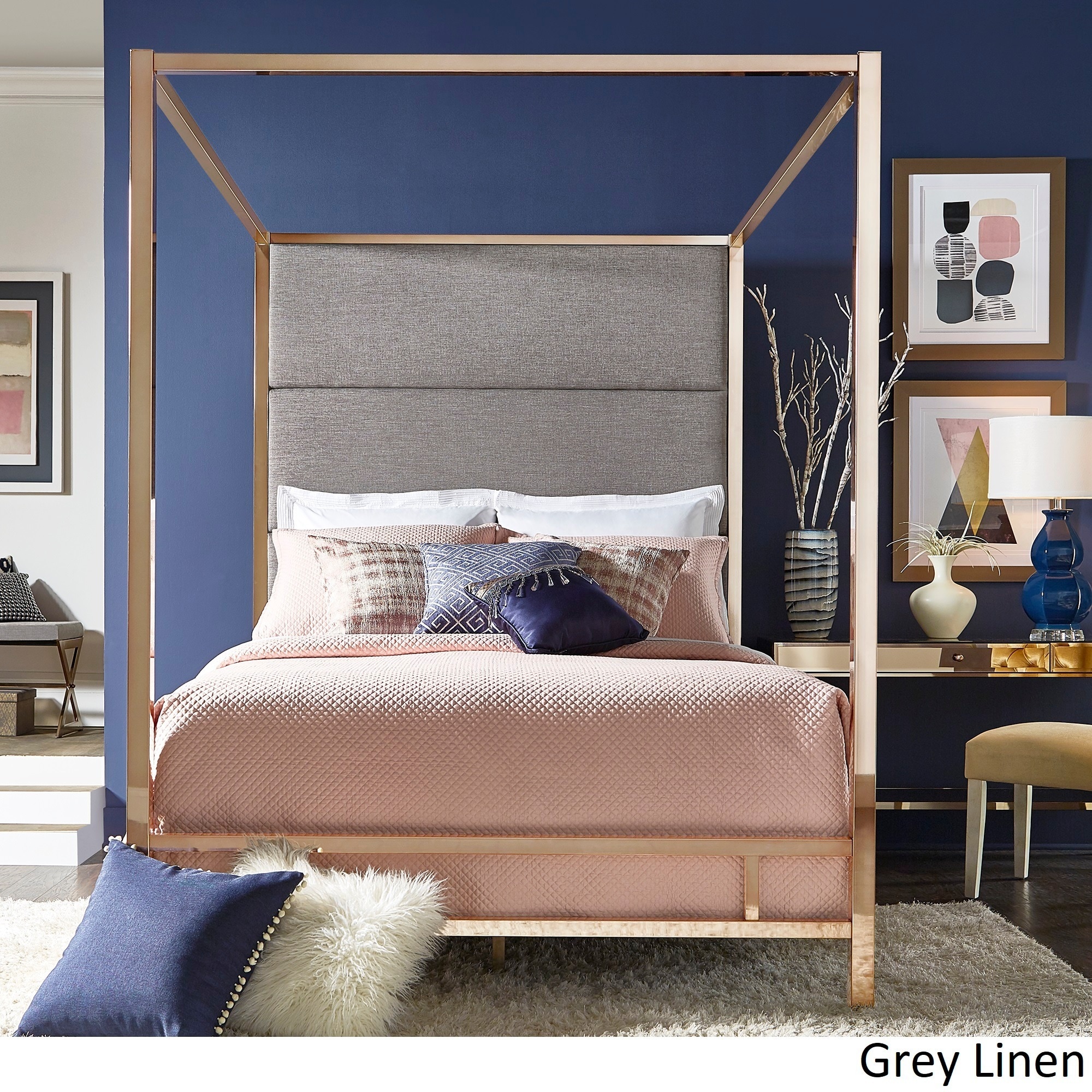 Evie Champagne Gold Metal Canopy Bed With Linen Panel Headboard By Evie Champagne Gold Metal Canopy Bed With Linen