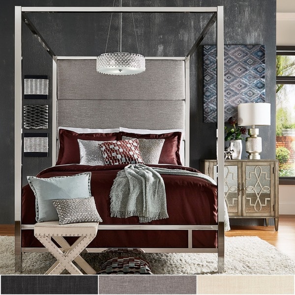 Evie Chrome Metal Canopy Bed with Linen Panel Headboard by iNSPIRE Q Bold