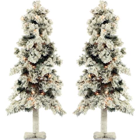 Fraser Hill Farm Set of Two 3-Ft. Snowy Alpine Trees with Clear Lights