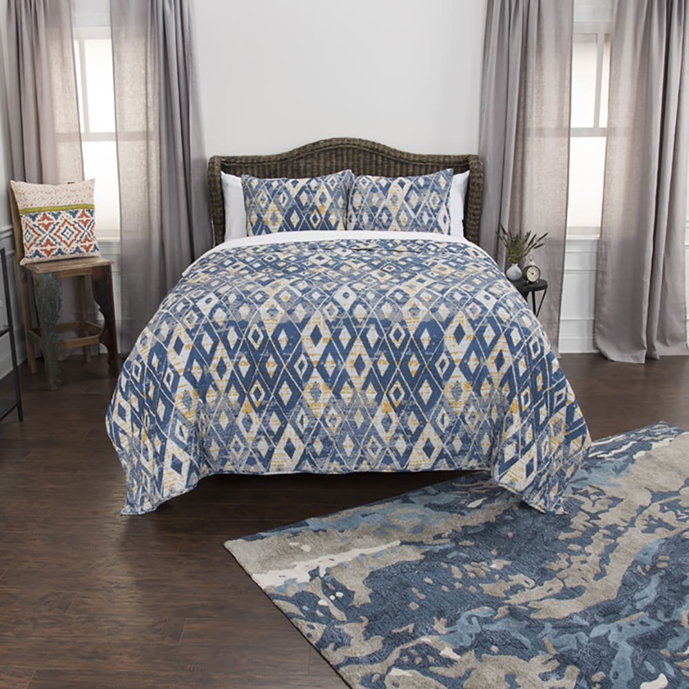 Maddux Place Blue Hand Quilted Cotton Reversible 3-Piece Quilt Set