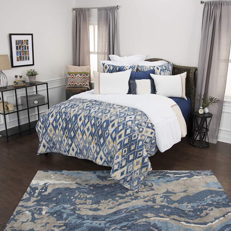 Maddux Place Blue Hand Quilted Cotton Reversible 3-Piece Quilt Set
