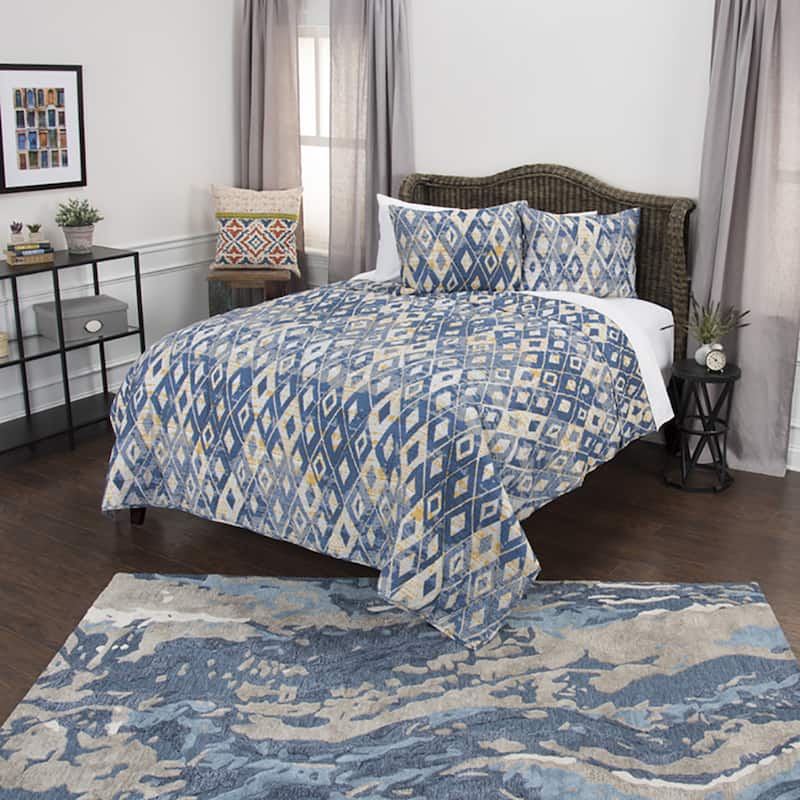 Maddux Place Blue Hand Quilted Cotton Reversible 3-Piece Quilt Set