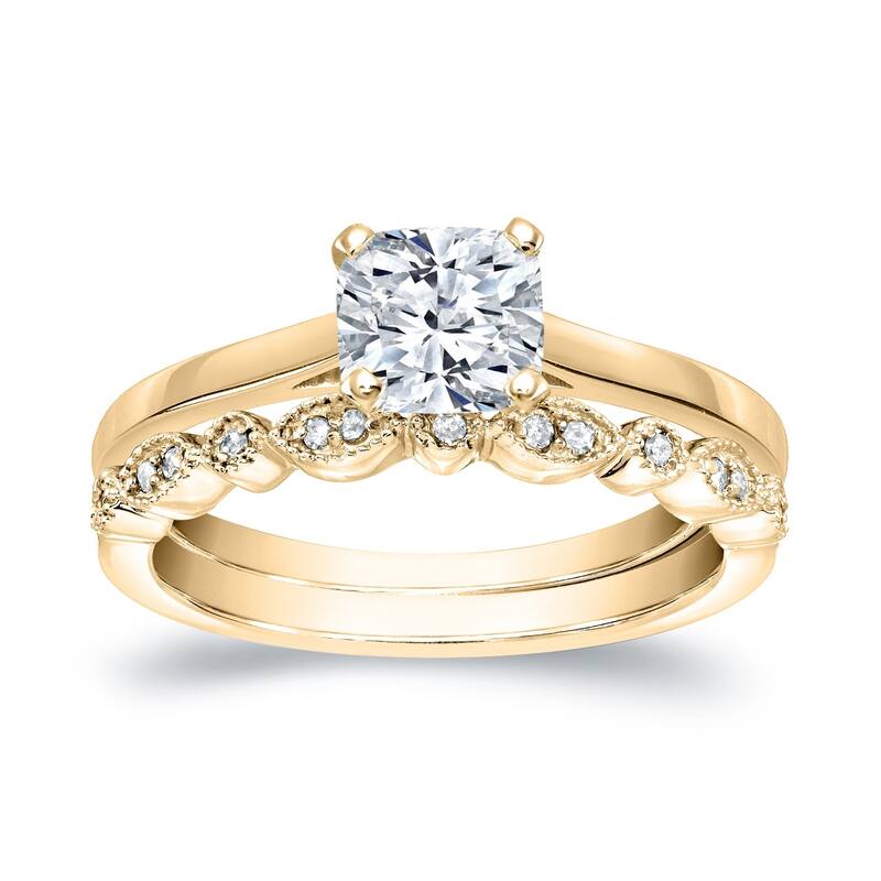 Auriya 14k Gold 7/8ctw Vintage Cushion-cut Solitaire Diamond Engagement Ring Set - 9 - Yellow